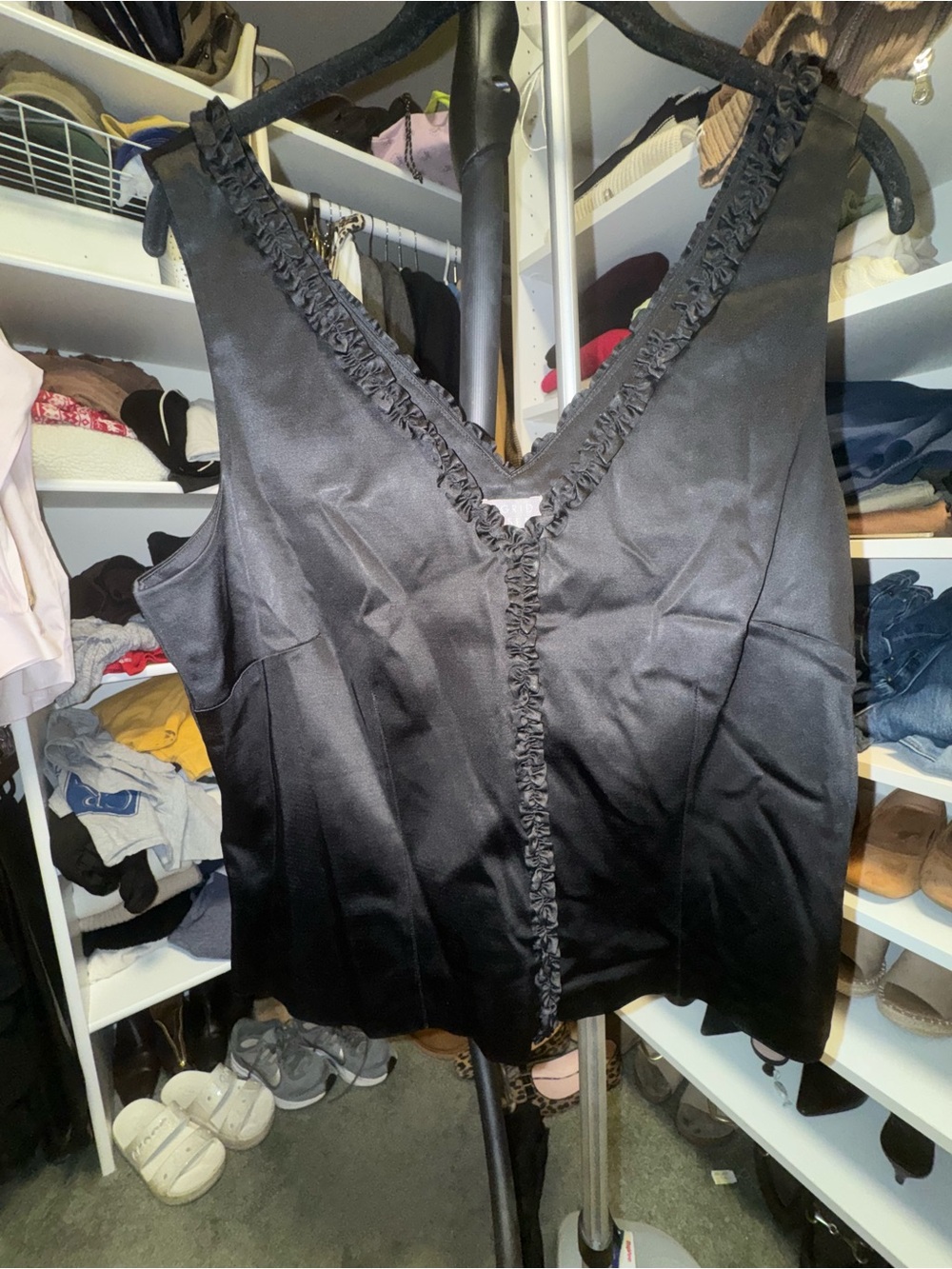Sigrid Olsen Black Satin Ruffled Neckline Top